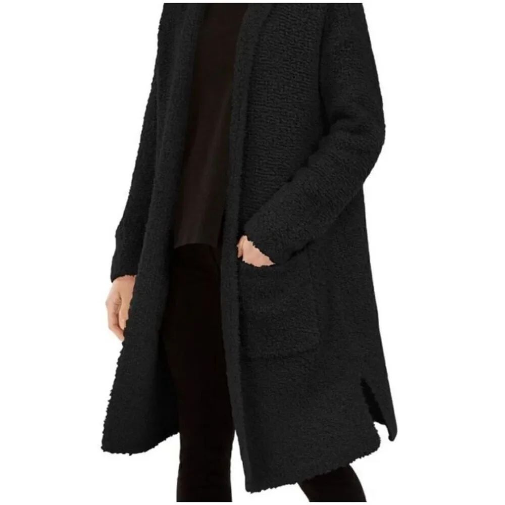 Eileen Fisher Knit Fur Hooded Cardigan Black Wool Blend Women’s Size Medium